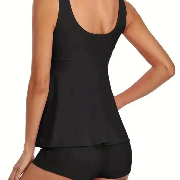 Plus Size 2 Piece Set Tankini, Drawstring Tie Front Boxer Shorts - Picture 2 of 3